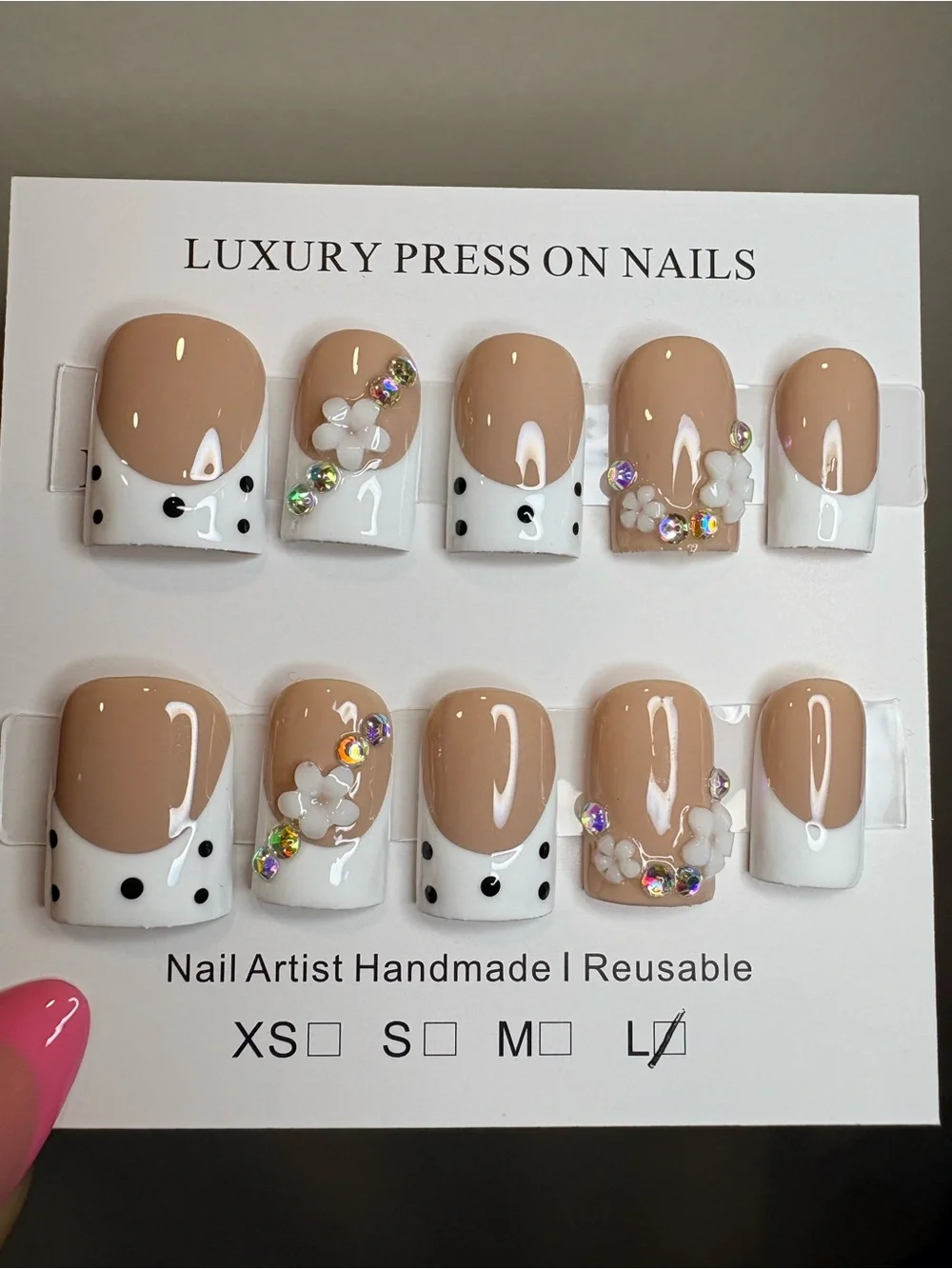 Nude & White Floral Press-On Nail Set with Rhinestones